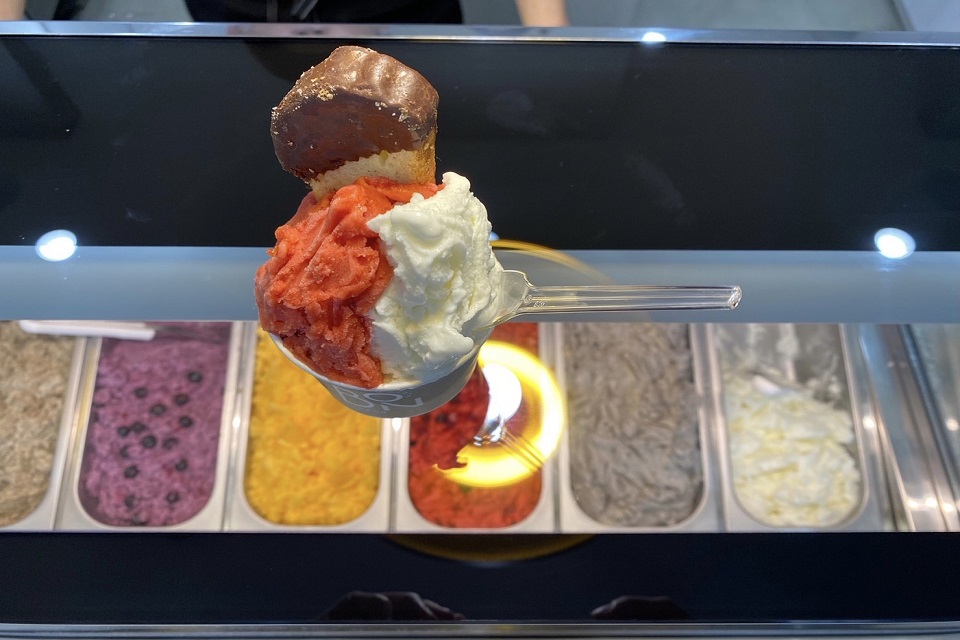 2種類のアイスに焼き菓子が乗っている写真