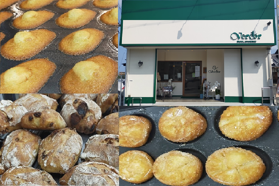 焼きたてのマドレーヌやパン、店の外観写真