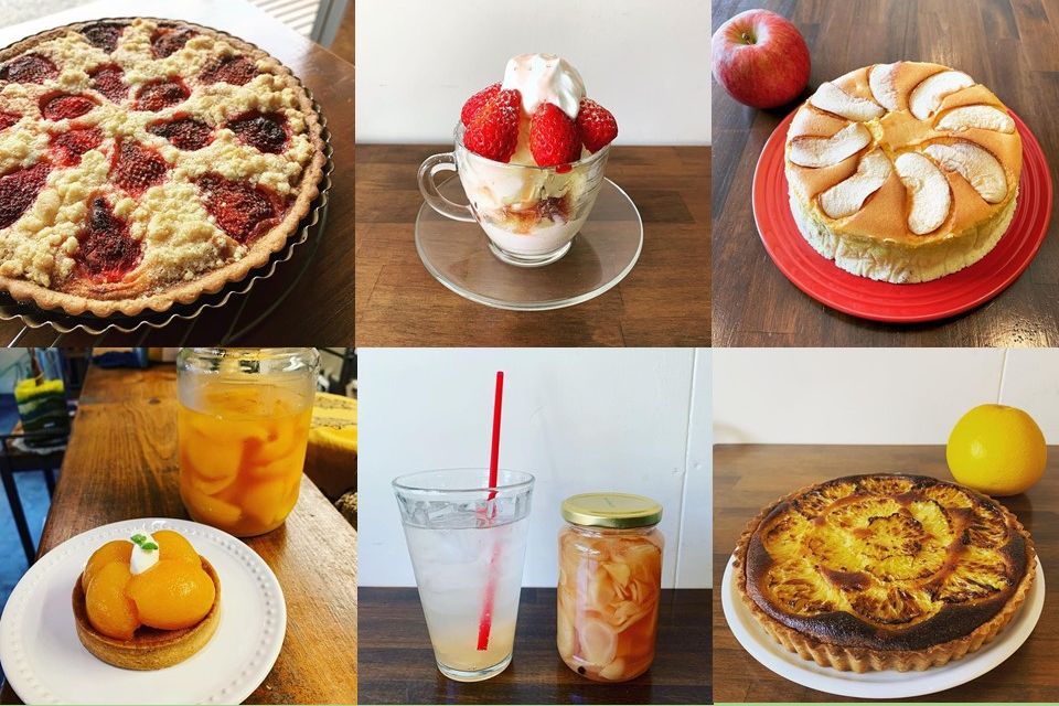 苺のタルトやリンゴのケーキ、ジュースなどの写真